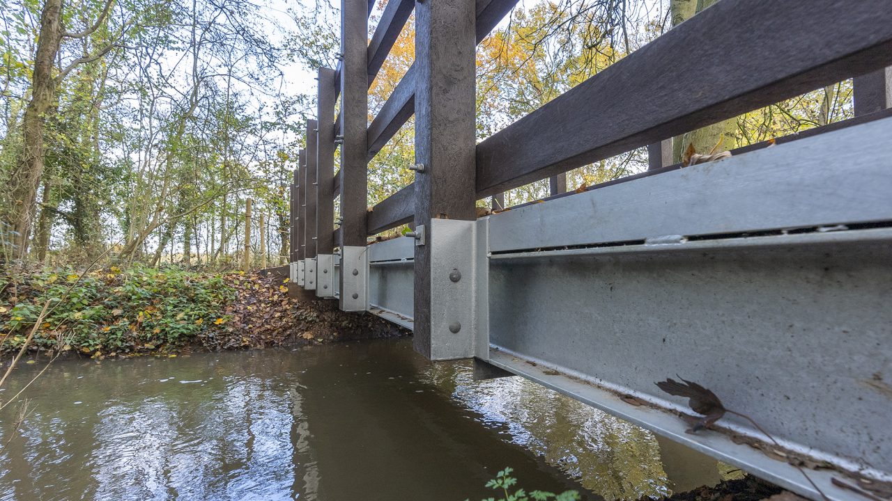 Galvanised steel beams on a pedestrian bridge