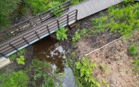 an aerial view of a pedestrian bridge with a boardwalk leading up to the bridge