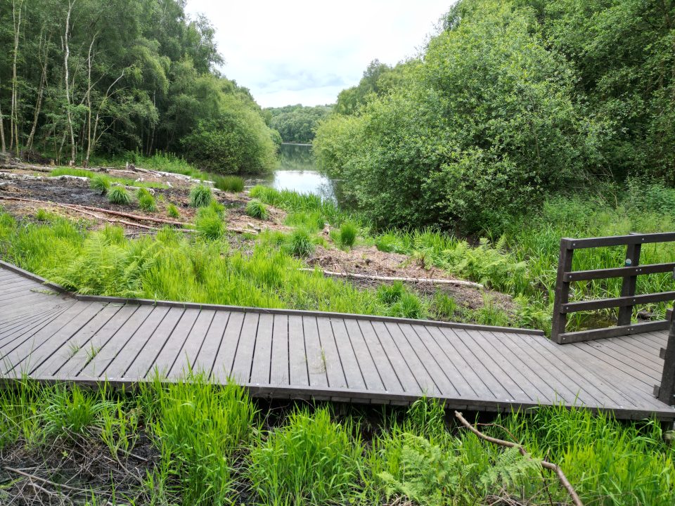 looking towards foremark reservoir across a recycled plastic boardwalk