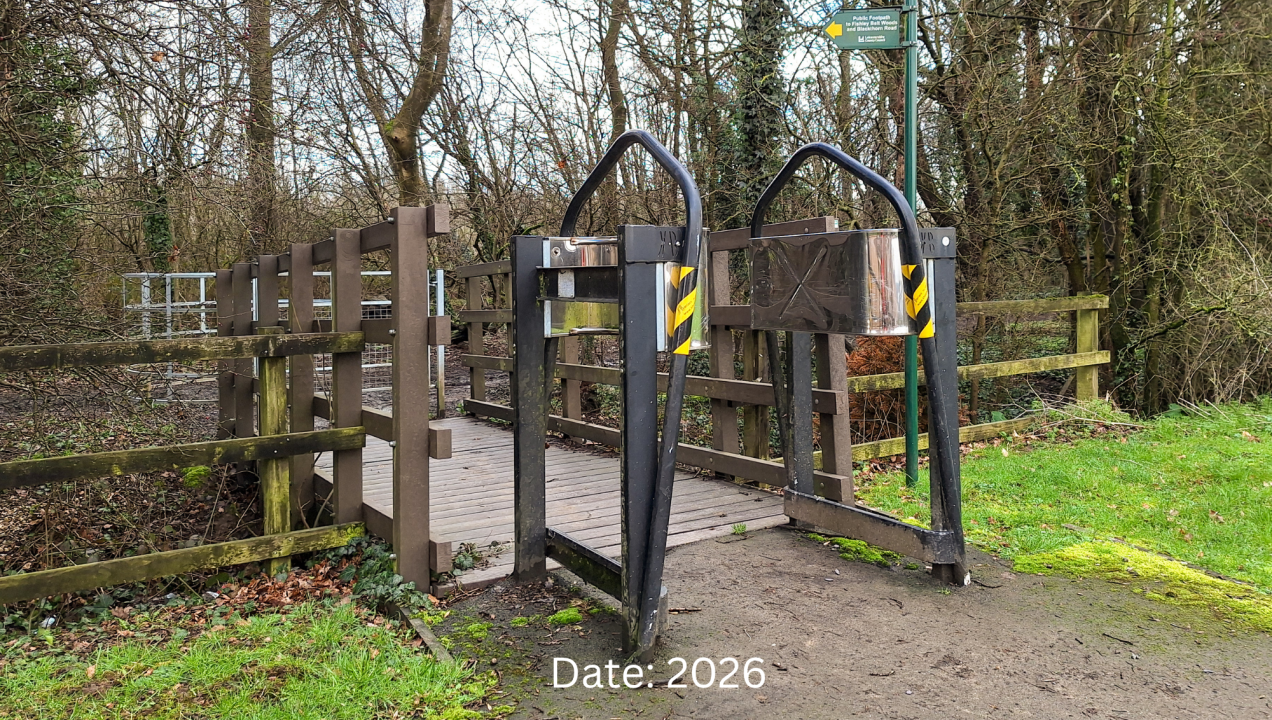 Recycled plastic deckboards on a pedestrian bridge