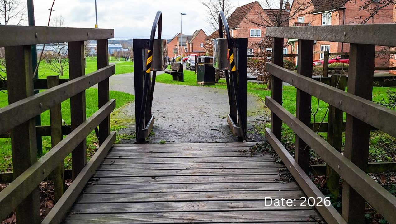 Recycled plastic deck boards on a pedestrian bridge