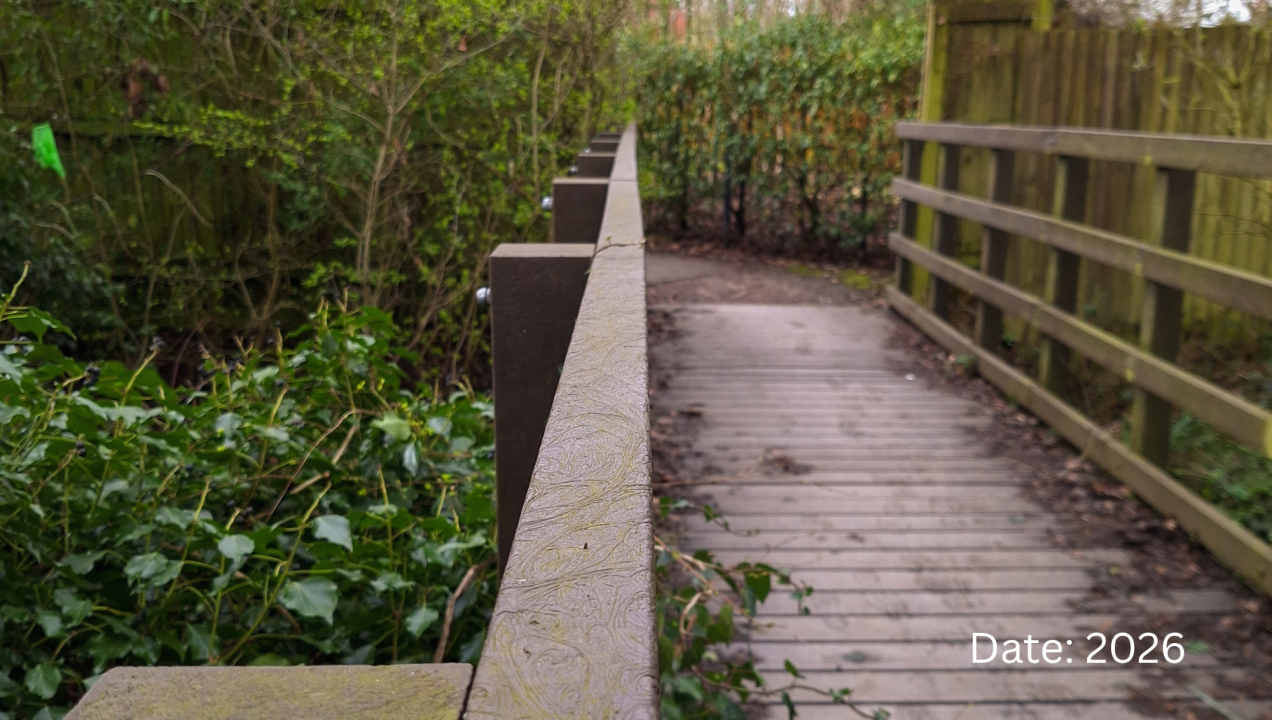 Recycled plastic deckboards on a pedestrian bridge