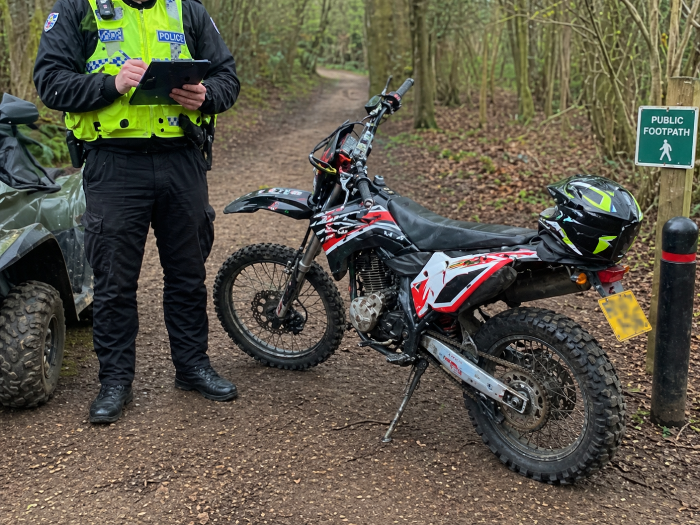 motorcycle stopped on a public footpath
