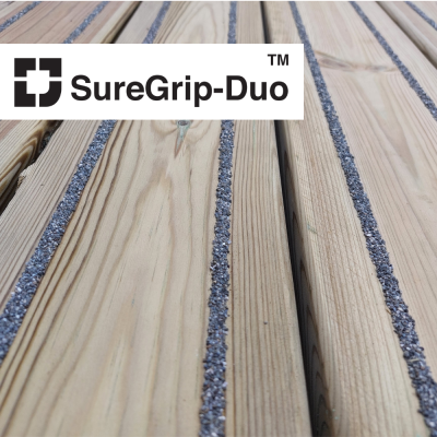 Redwood timber deck boards with raised grip strips