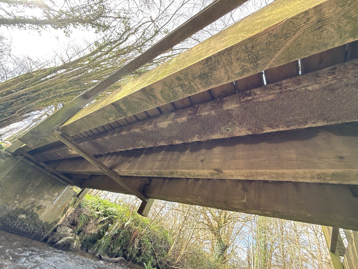 a decaying timber bridge beam needing replacement