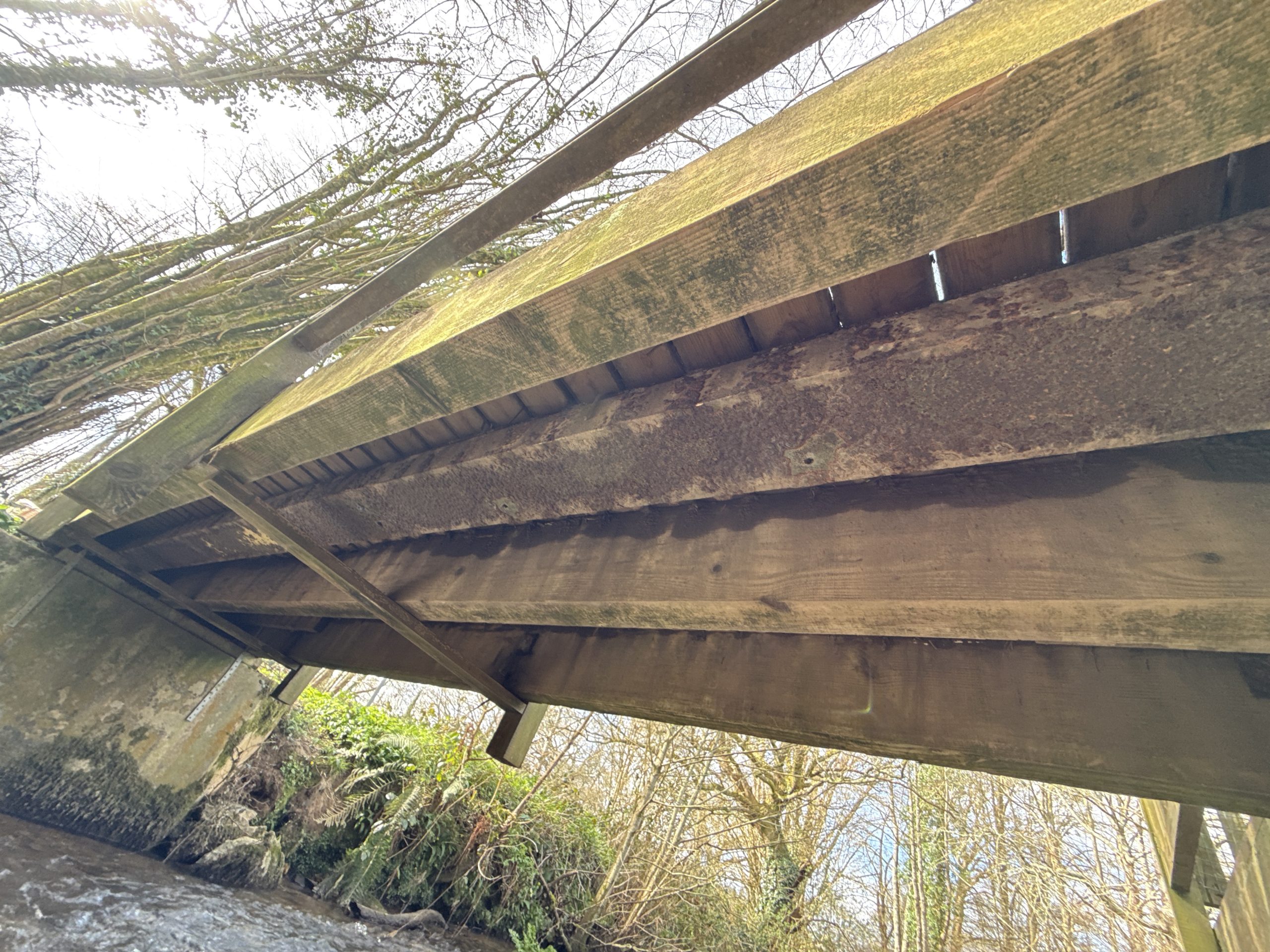 a decaying timber bridge beam needing replacement